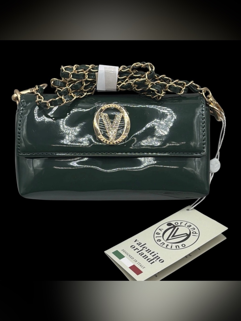 Valentino Orlandi Green Patent Shoulder Bag Logo & Rhinestone Gold Hardware NWT